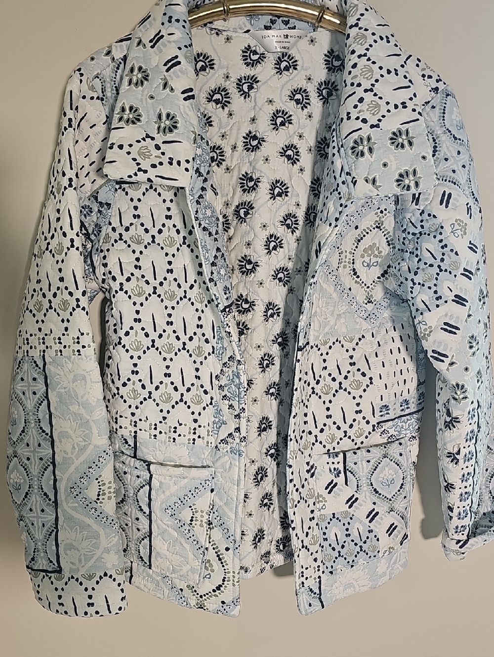 Ida Mae Home Quilted Patchwork Jacket Womens Size XL‎ Blue White Floral Cotton